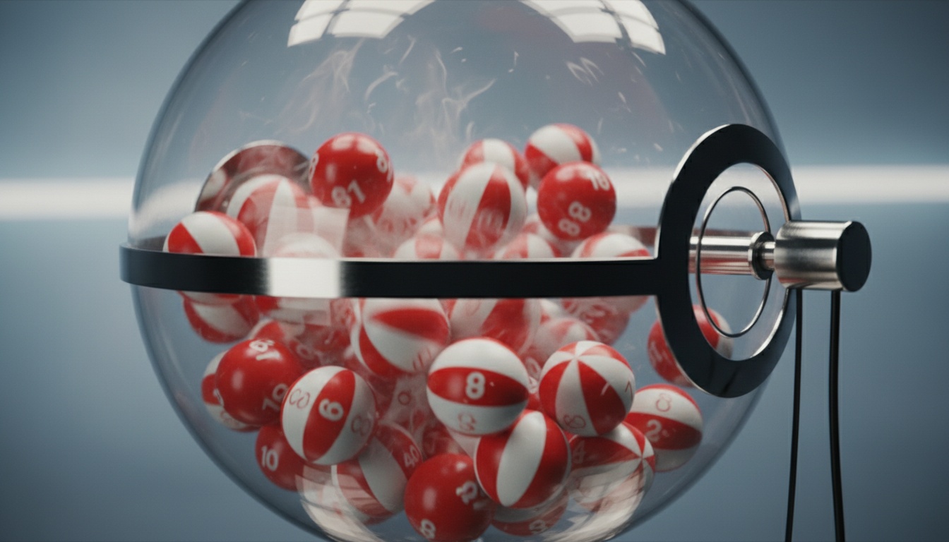 Red and white Powerball lottery balls in a transparent lottery machine with professional studio lighting and shallow focus.
