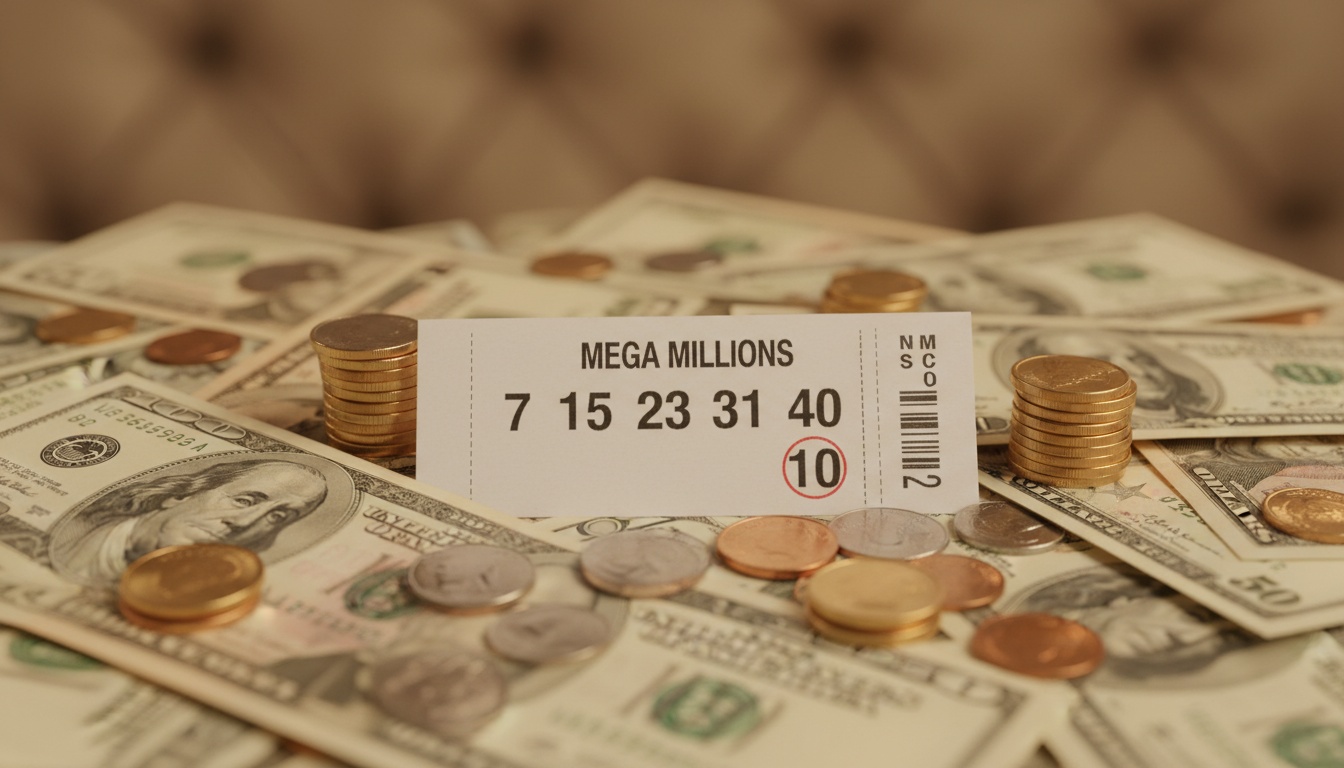 A lottery ticket displayed with cash and coins, illustrating prize winnings and the financial impact of lottery game multipliers.