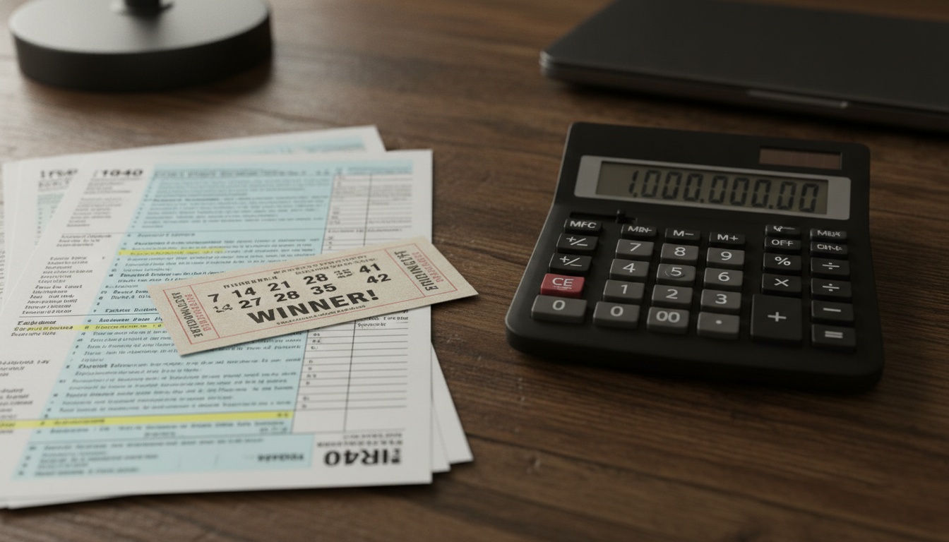Lottery ticket displayed next to calculator and tax documents on desk, representing federal tax obligations from lottery winnings.