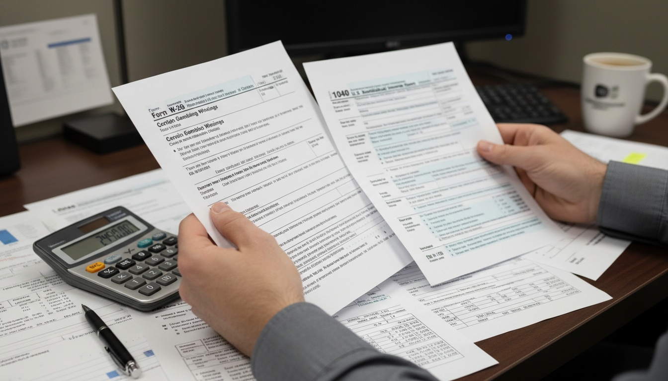 Hands holding federal tax forms W-2G and 1040 at a desk with calculator and financial documents for lottery winnings reporting.