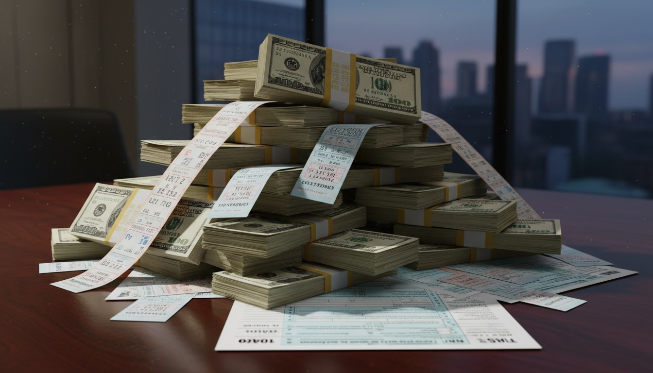 Stacks of money and lottery tickets arranged with tax forms, illustrating the concept of lottery winnings and taxation in professional lighting.
