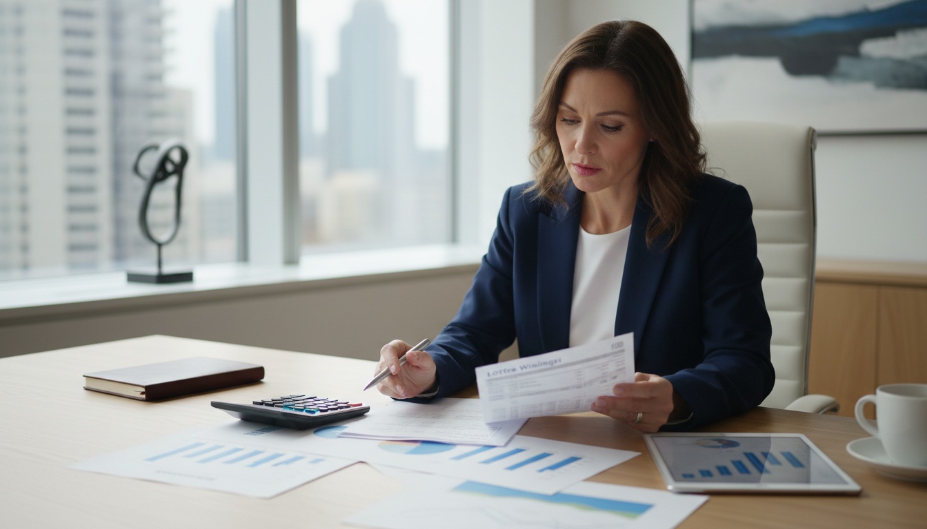 Financial professional analyzing tax documents and lottery paperwork at desk with calculator and financial charts visible