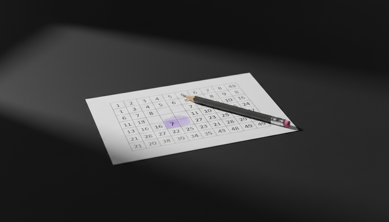 A blank lottery play slip with a pencil resting across it, one square marked