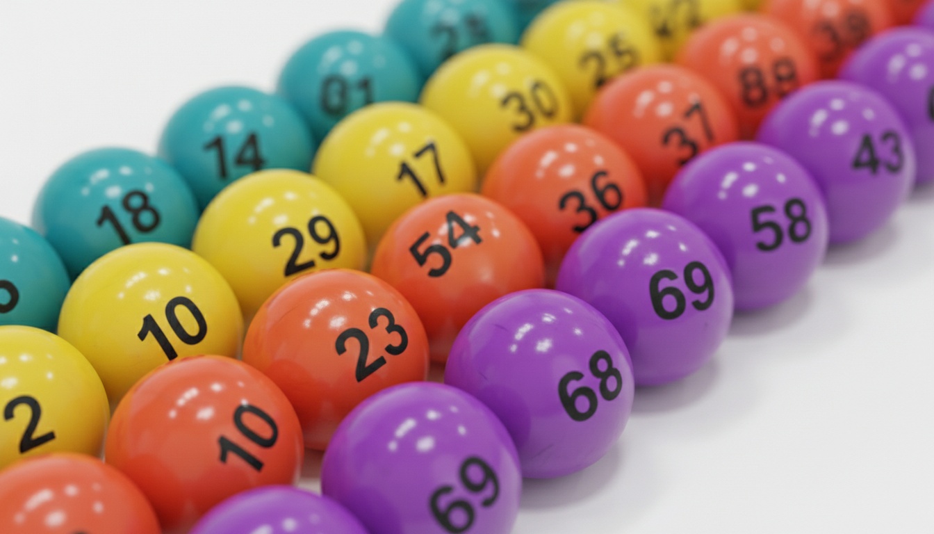 Close-up of numbered lottery balls arranged in rows, demonstrating the mathematical randomness of Powerball number selection with professional studio lighting.