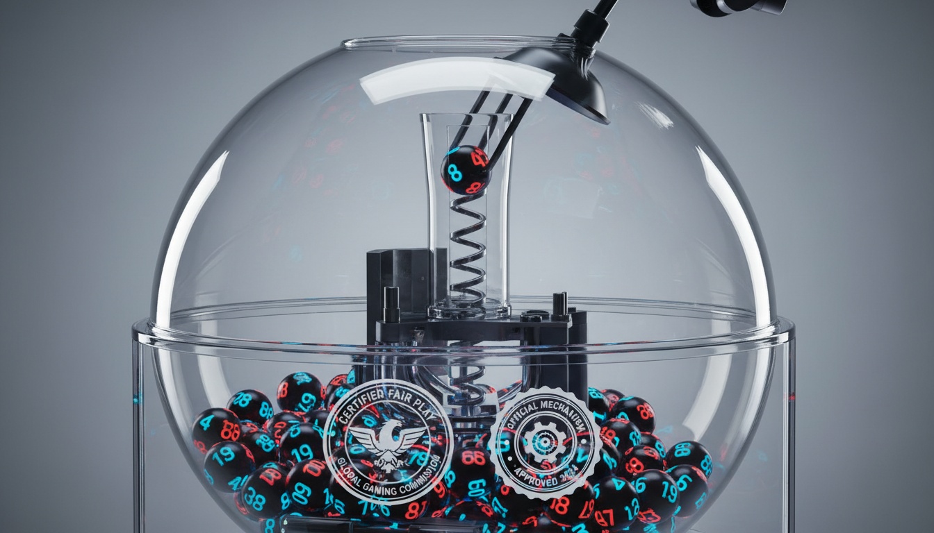 Close-up of a transparent Powerball lottery machine with numbered balls visible inside the mechanical drawing chamber, professional studio lighting.