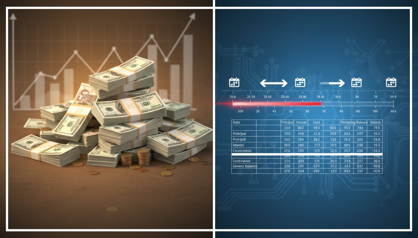 Split-screen financial visualization comparing a lump sum of cash against a long-term payment timeline, representing lottery annuity versus lump sum decision.
