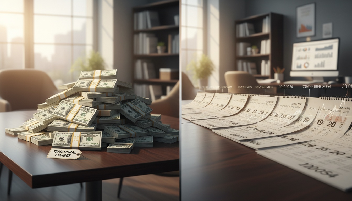 Split-screen image contrasting a lump sum of cash against a timeline of annual payments, representing tax strategy differences for lottery winners.
