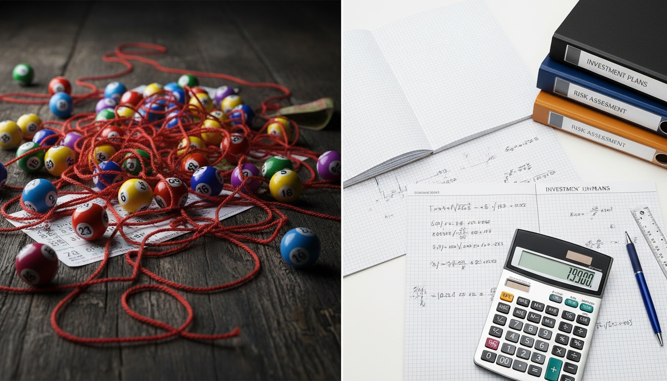 Split image contrasting lottery balls in disarray on the left with organized financial planning documents and charts on the right, symbolizing randomness versus strategic decision-making.