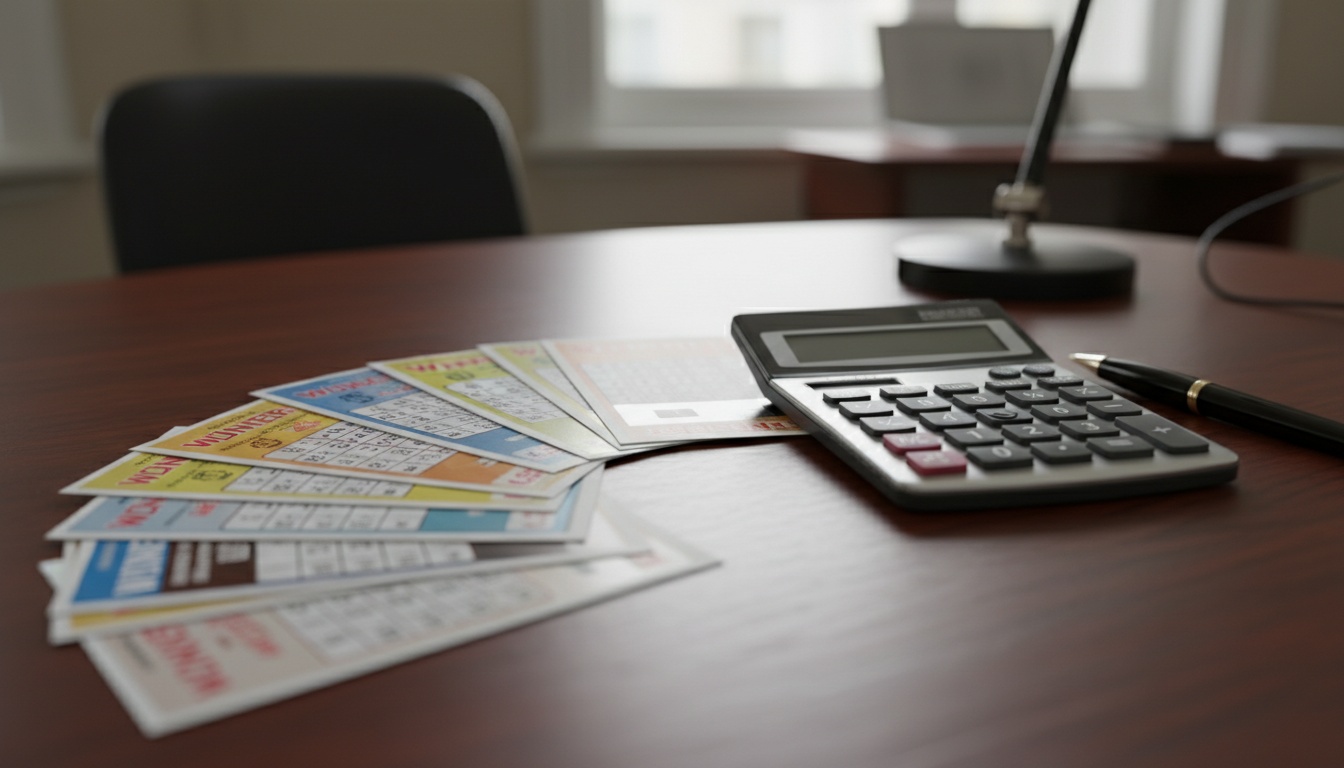 Fanned lottery tickets arranged on a desk with a calculator and pen, representing lottery pool planning and systematic ticket organization.