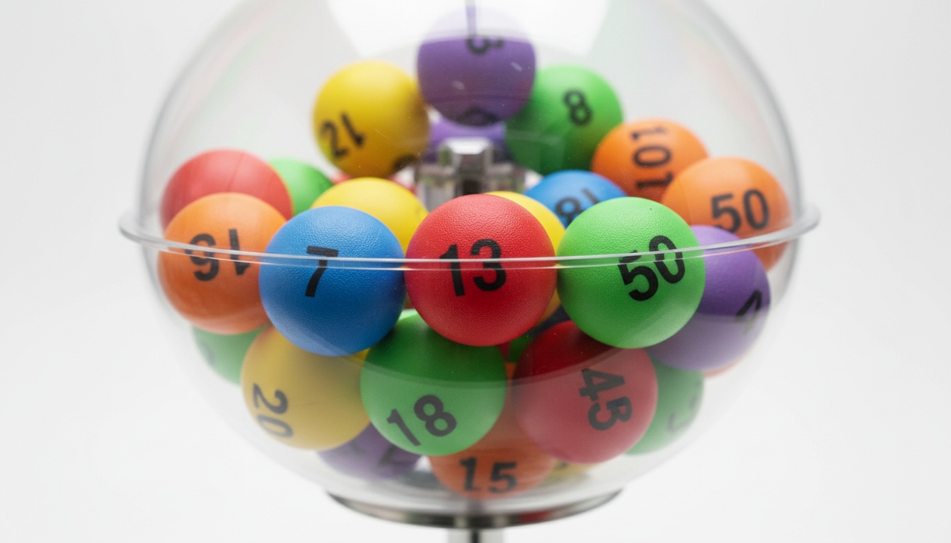 Lottery balls with numbers visible inside a transparent drawing machine, professional studio photography with selective focus and clean lighting.