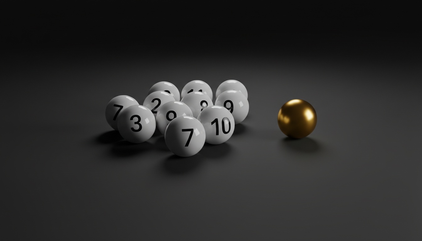 White numbered lottery balls with a single gold ball resting apart from them