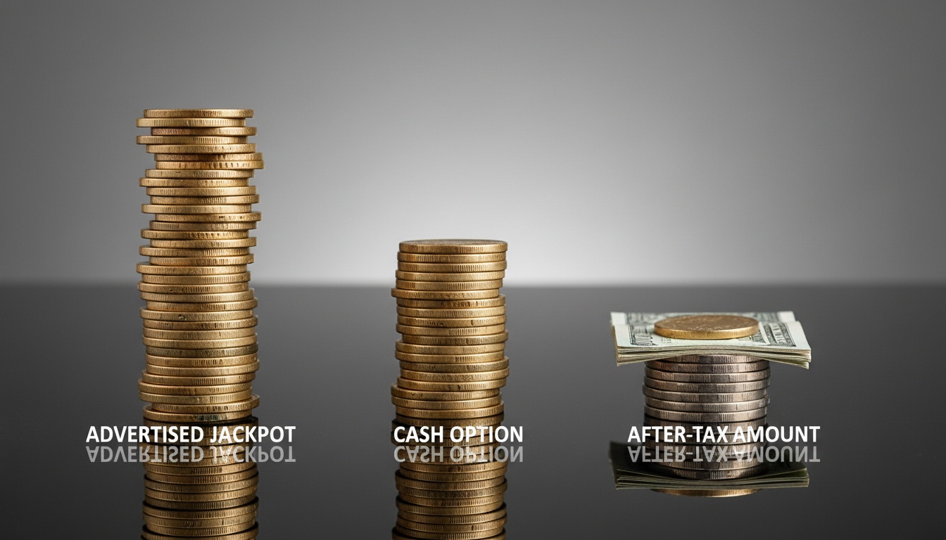 Three diminishing stacks of money illustrating the progressive reduction from advertised lottery jackpot through cash option to final after-tax payout amount.