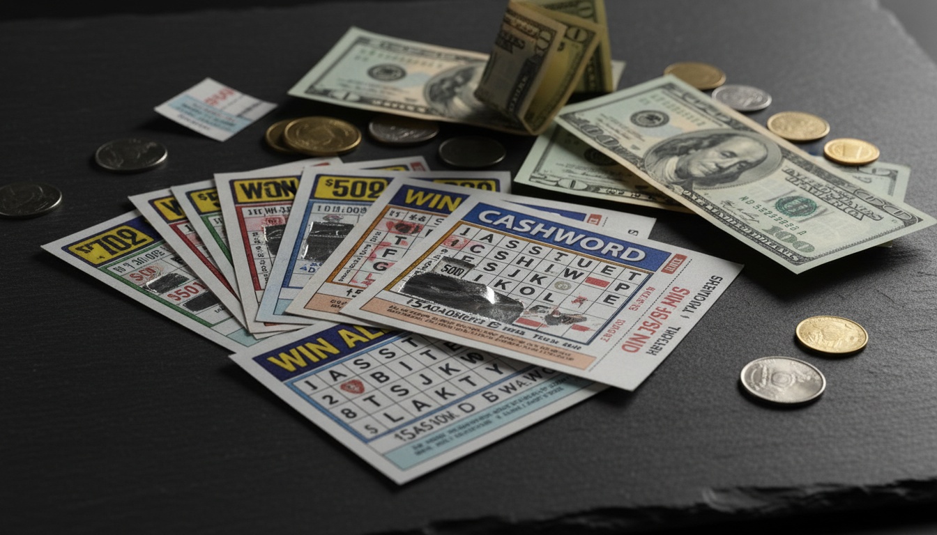 Lottery scratch tickets and cash bills arranged to represent varying prize amounts and winning odds in a lottery game.