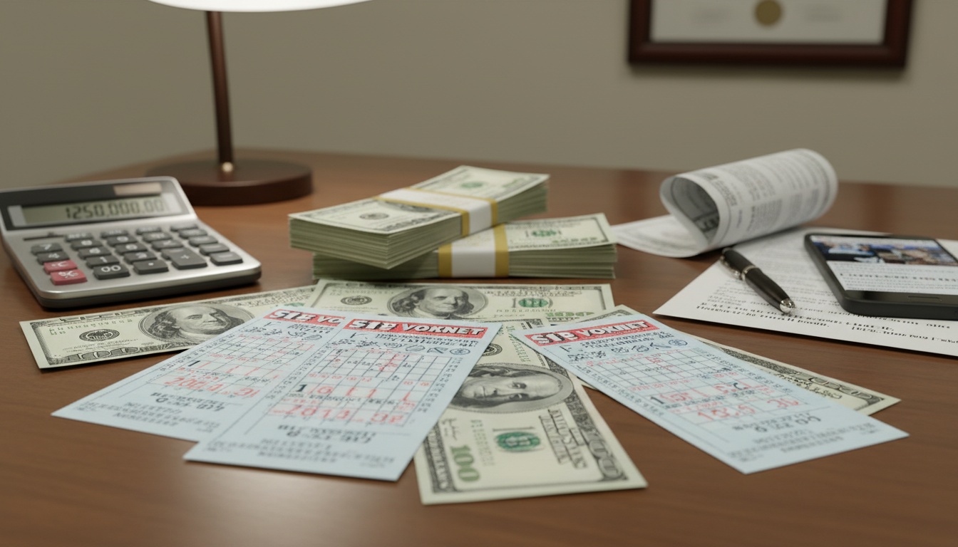 Lottery tickets arranged with cash and calculator on a desk, representing the financial reality and odds of lottery games.