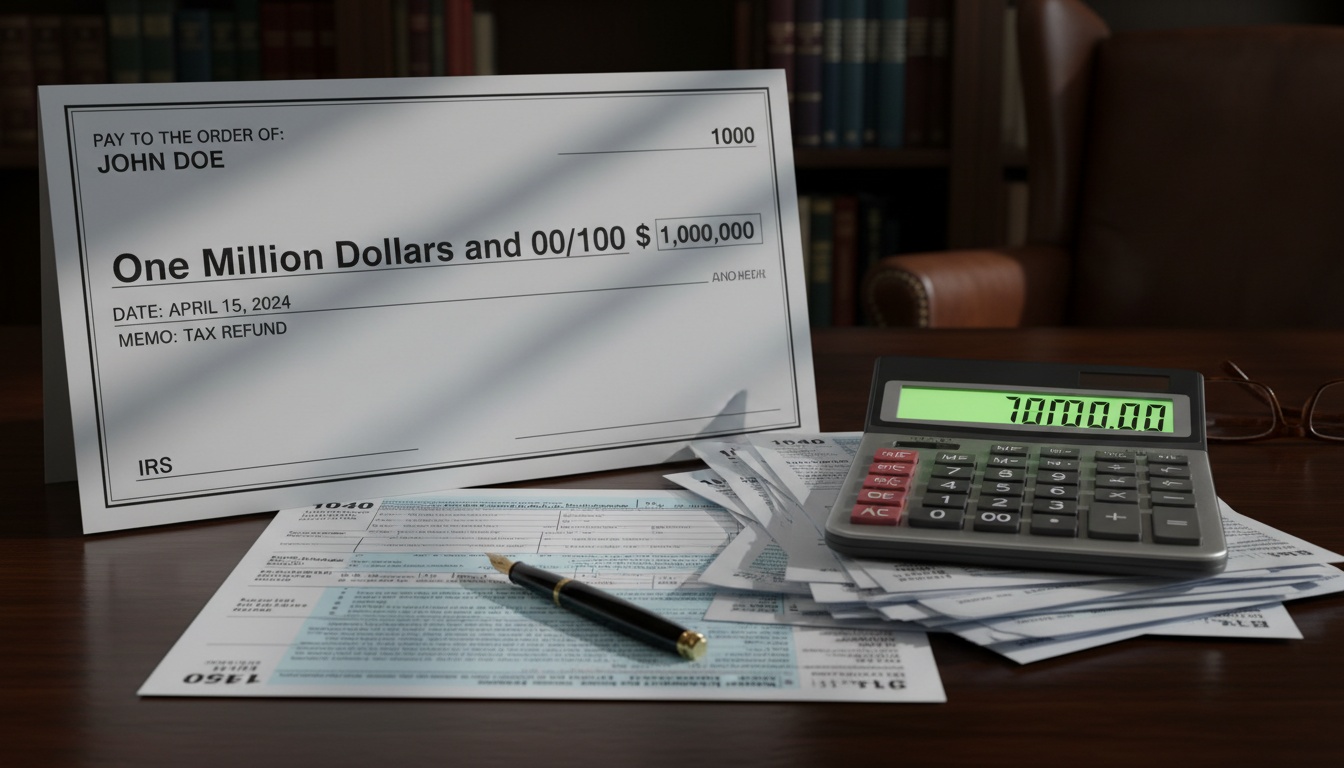 Financial documents and calculator on desk representing lottery winnings tax calculations and federal tax obligations for large jackpot prizes.