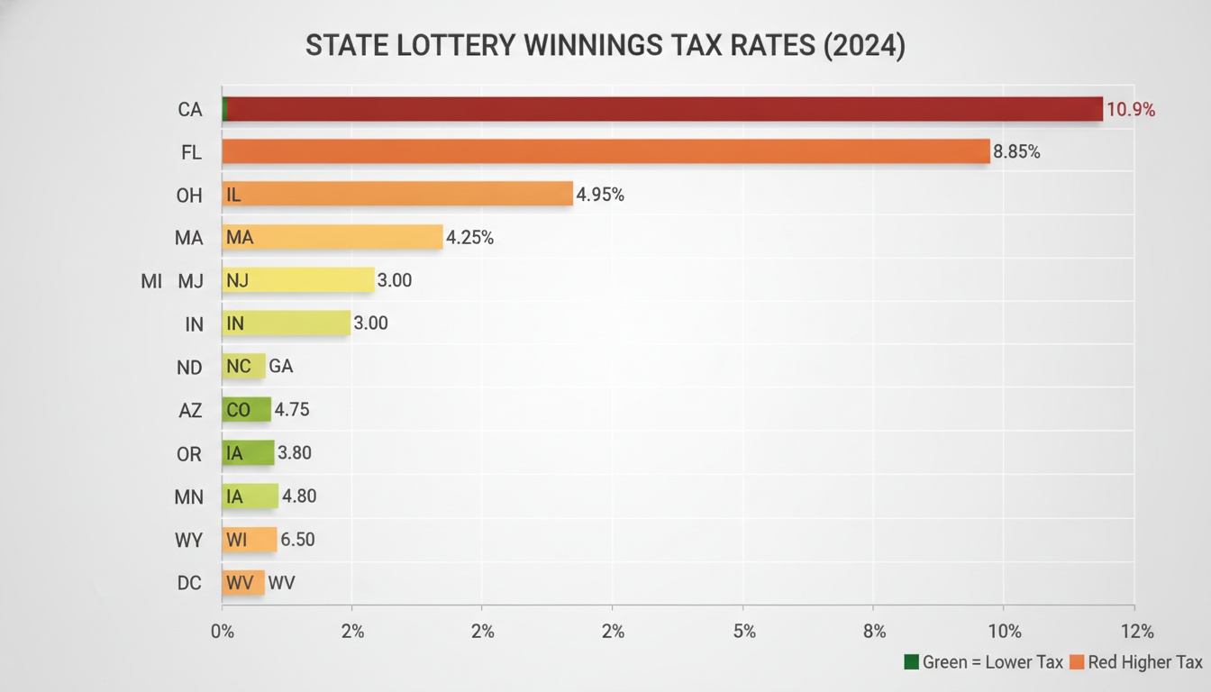 Horizontal bar chart displaying varying state lottery tax rates, ranging from zero-tax states to highest-rate states, illustrating after-tax financial impact differences.