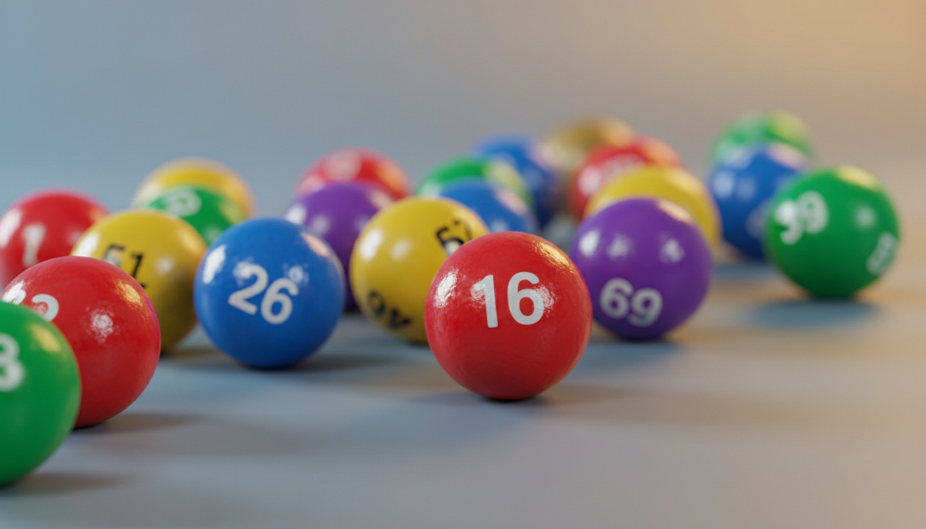 Close-up of numbered lottery balls with red ball 16 in focus, representing Powerball overdue number tracking and statistical analysis data.