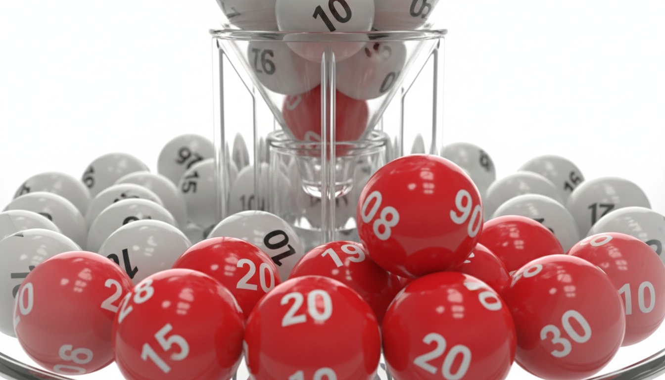 Red and white lottery balls visible through a transparent drawing machine, emphasizing the red ball pool with professional studio lighting.