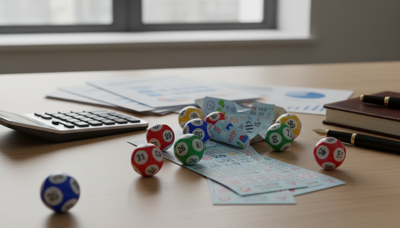 Lottery balls, tickets, and financial documents arranged on a desk with a calculator, representing Powerball prize calculations and winnings analysis.