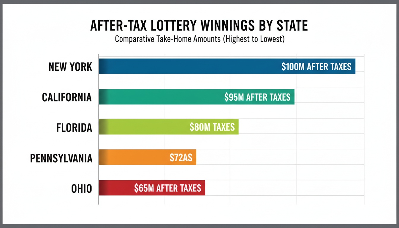 Horizontal bar chart comparing estimated after-tax lottery winnings across different states, illustrating varying state tax impacts on lump sum prizes.